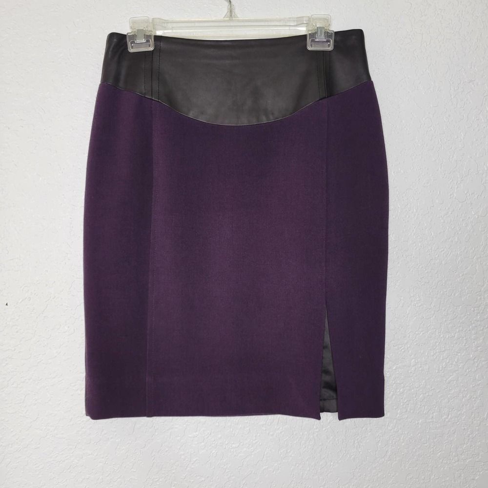 Valentina Shah Purple Straight Pencil Black Faux Leather Side Slit Skirt Size 6 - Picture 2 of 9